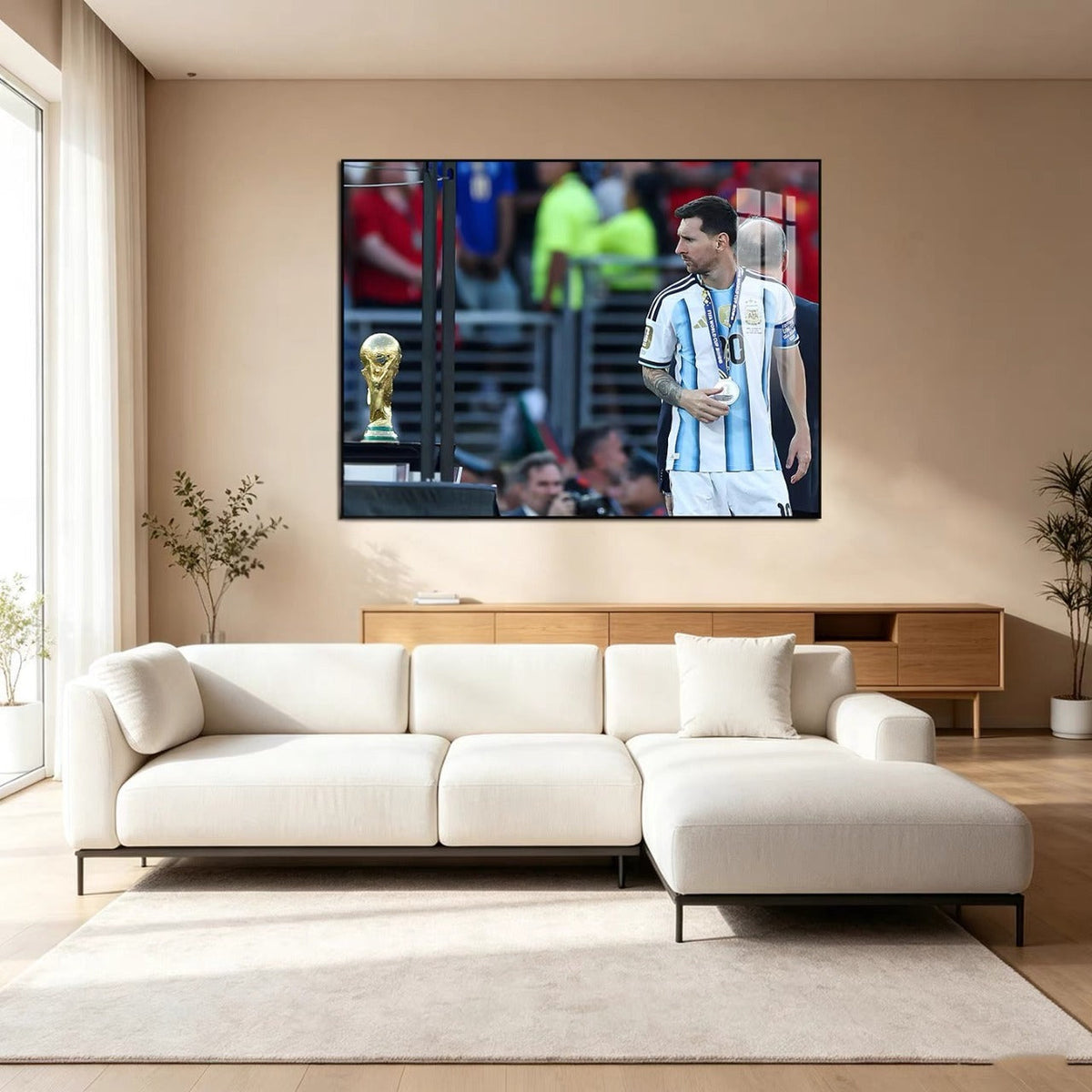 Lionel Messi Looking at World Cup Trophy Wall Art